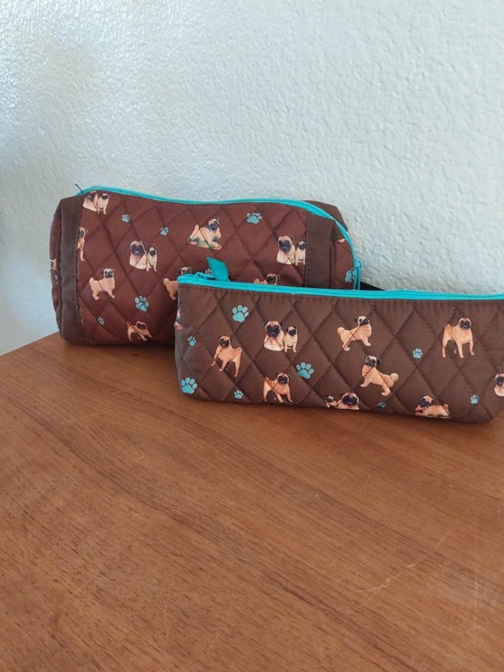Quilted Brown Pug Dog Print Cosmetic Bag & Pencil Pouch Set 2 Piece Travel Makeu